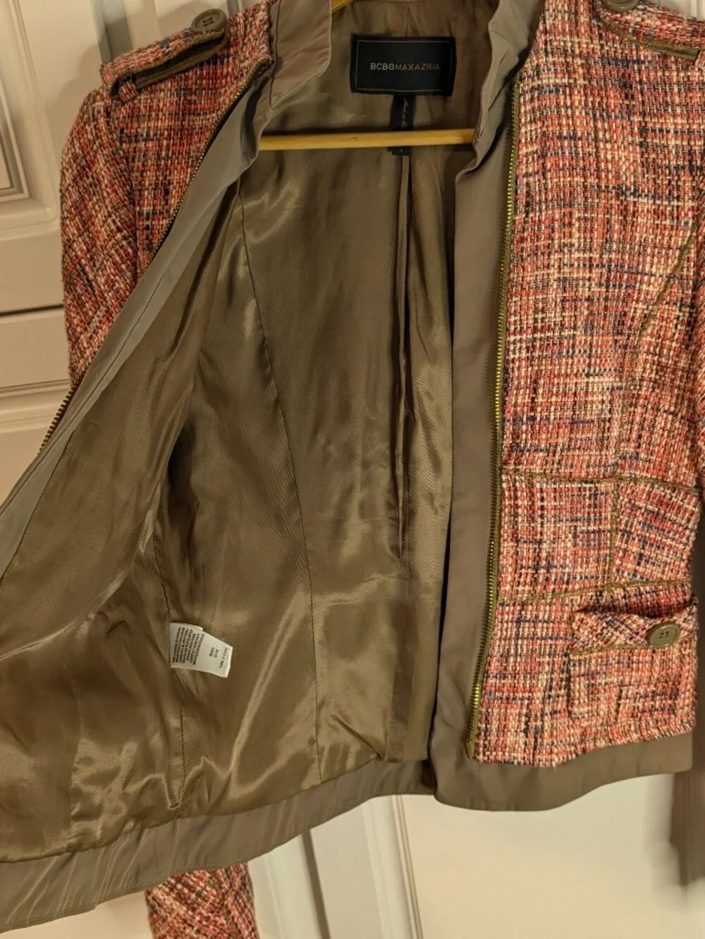 BCBGMAXAZRIA Pink Tweed Moto Jacket S Barbiecore Military Chic Y2K Glam EUC - Picture 7 of 12